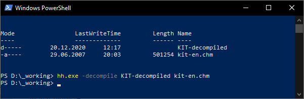 Decompile CHM using hh.exe and PowerShell